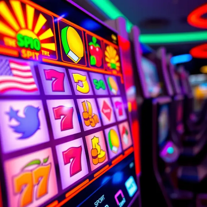Bright and colorful online slot machine interface with vibrant symbols and spinning reels