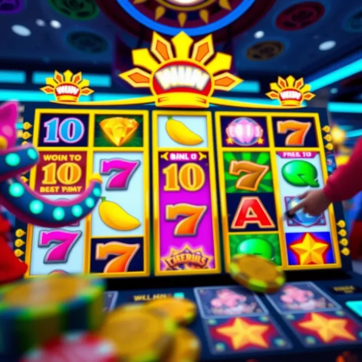 Colorful online pokies interface showing reels with vibrant symbols and bonus features