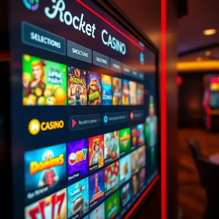 Rocket Casino online platform showing a variety of game options on a digital screen
