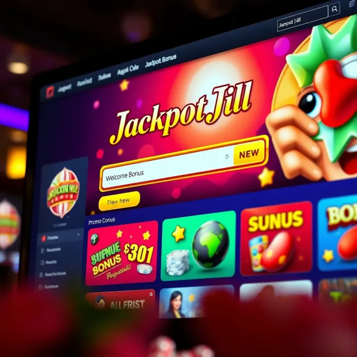 Colorful Jackpot Jill website interface showcasing welcome bonus offers and promo code entry field