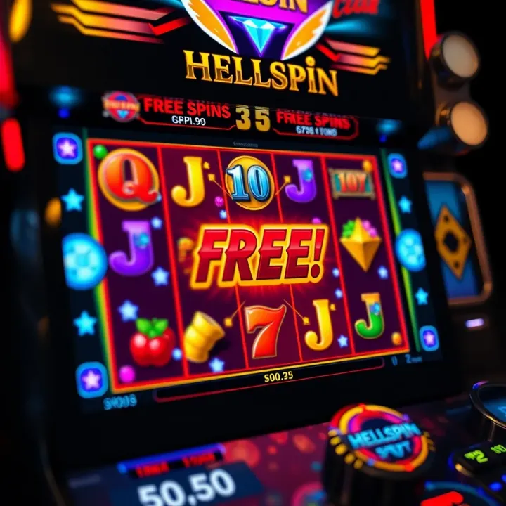 Slot machine screen displaying free spins feature with bright symbols and glowing effects