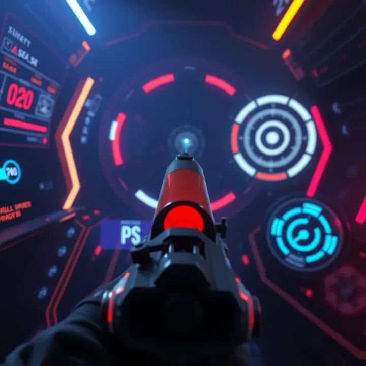 Stylized depiction of a high-tech weapon and digital HUD elements highlighting gameplay mechanics within a dark, space-themed setting