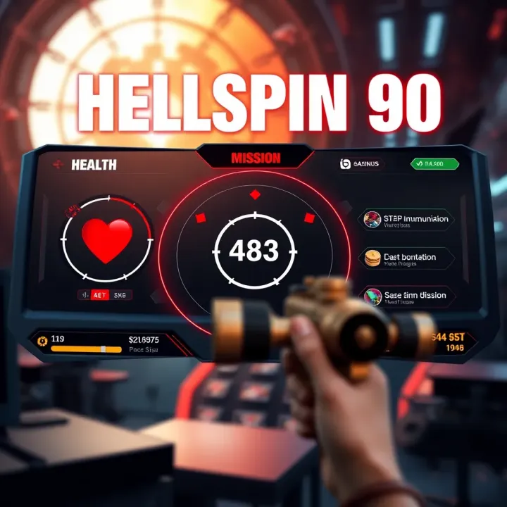 Hellspin 90: User Interface and Gameplay Overview In-game interface displaying health, ammunition, and mission objectives against a sci-fi backdrop