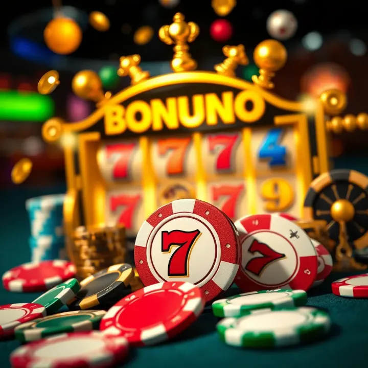 Illustration of various casino chips and slot game icons symbolizing online bonuses