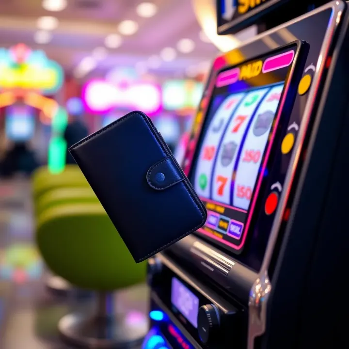 Illustration of a digital wallet connected to a slot machine showing a seamless payment transaction
