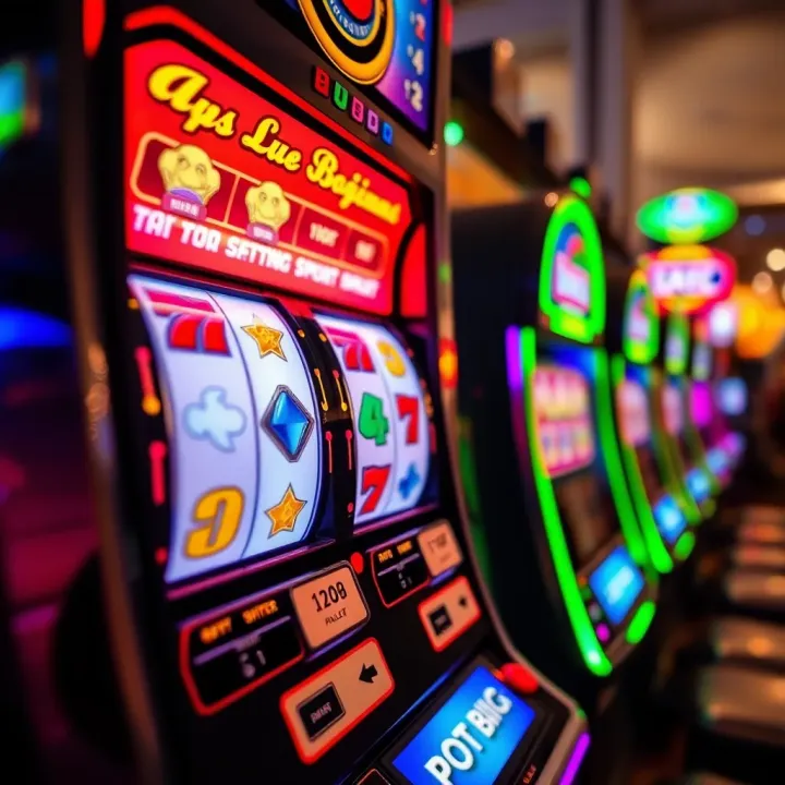 Close-up view of a colorful pokies machine with spinning reels displaying various symbols
