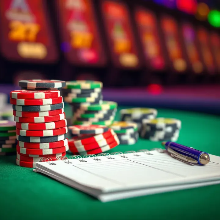 Illustration of poker chips stacked neatly alongside a budget notebook and pen for bankroll management