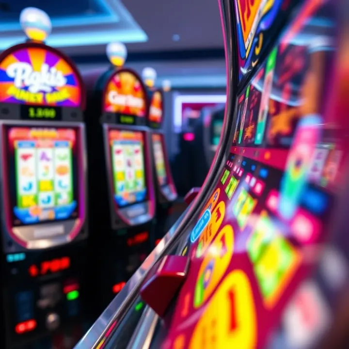Close-up of a colorful pokies machine display with spinning reels and vibrant symbols