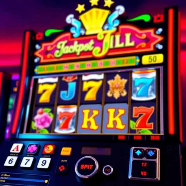 Bright and colorful Jackpot Jill Elite slot game interface showing reels with classic symbols