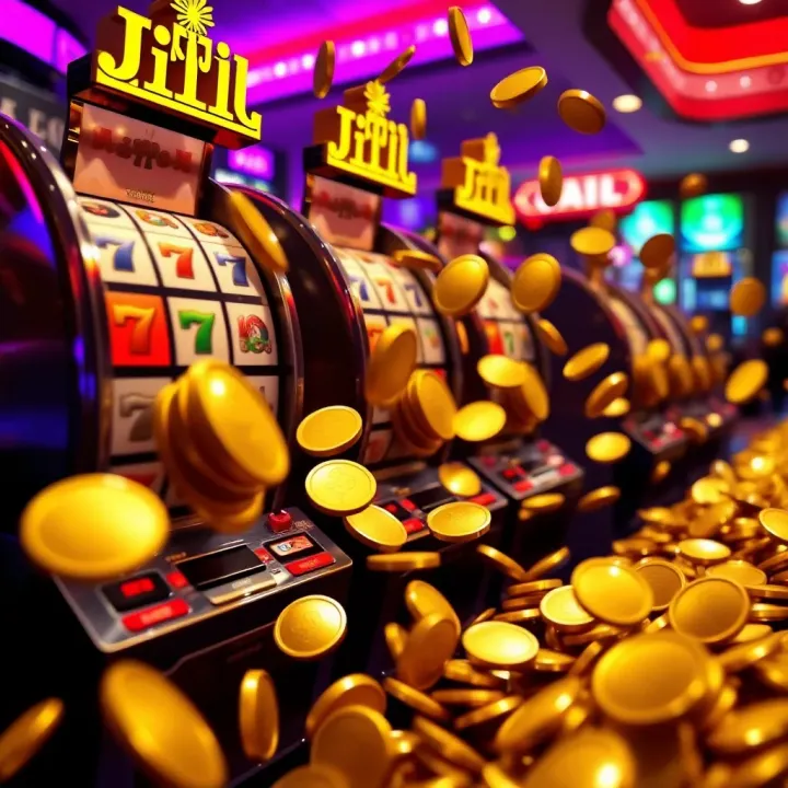 Illustration of spinning reels and jackpot coins cascading to represent winning big prizes in Jackpot Jill Live