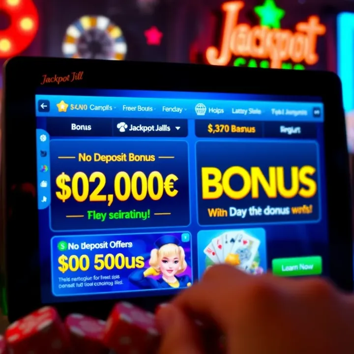 Illustration showing a digital casino interface highlighting no deposit bonus offers at Jackpot Jill