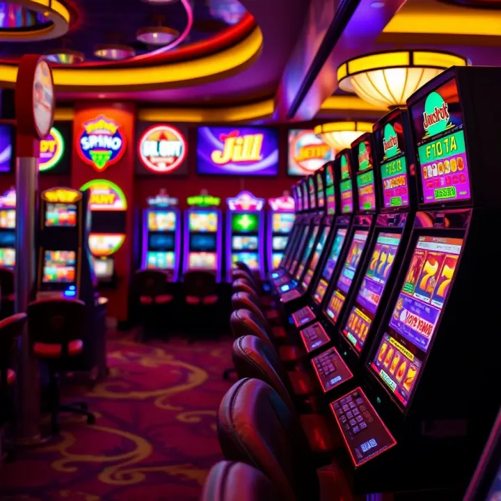 Colorful slot machines lining the casino floor with vibrant lights and digital displays