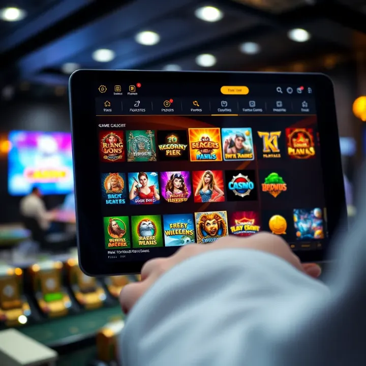 User interface displaying a variety of online casino games including slots and table games on a digital device