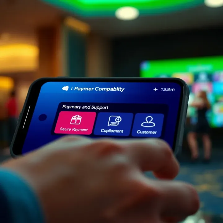 Mobile phone screen showing secure payment options and customer support icons for an online casino platform