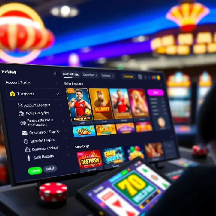 Dashboard interface displaying account management options and game selections for online pokies