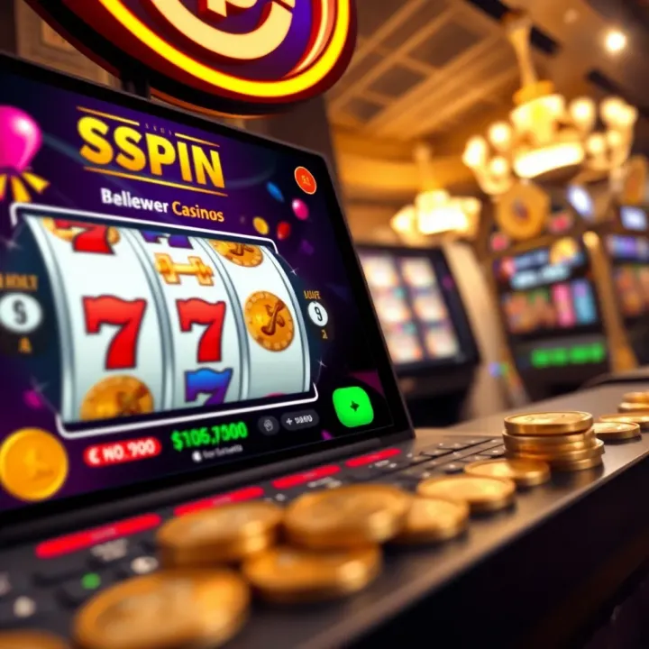 Illustration of an online casino interface highlighting a no deposit bonus offer with spinning reels and winning coins