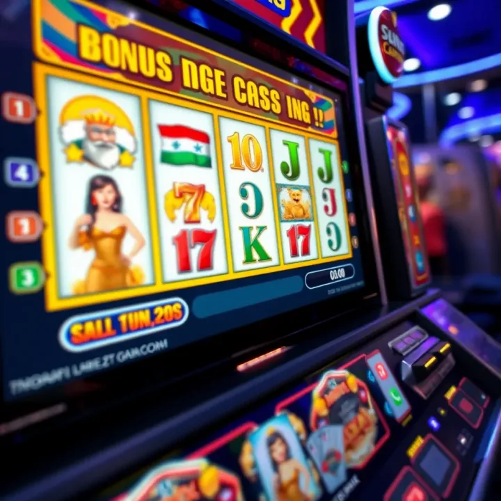 Slot machine screen displaying bonus rewards and casino promotional symbols