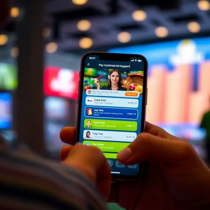 Mobile phone showing a casino app screen with available payment methods and active customer support chat