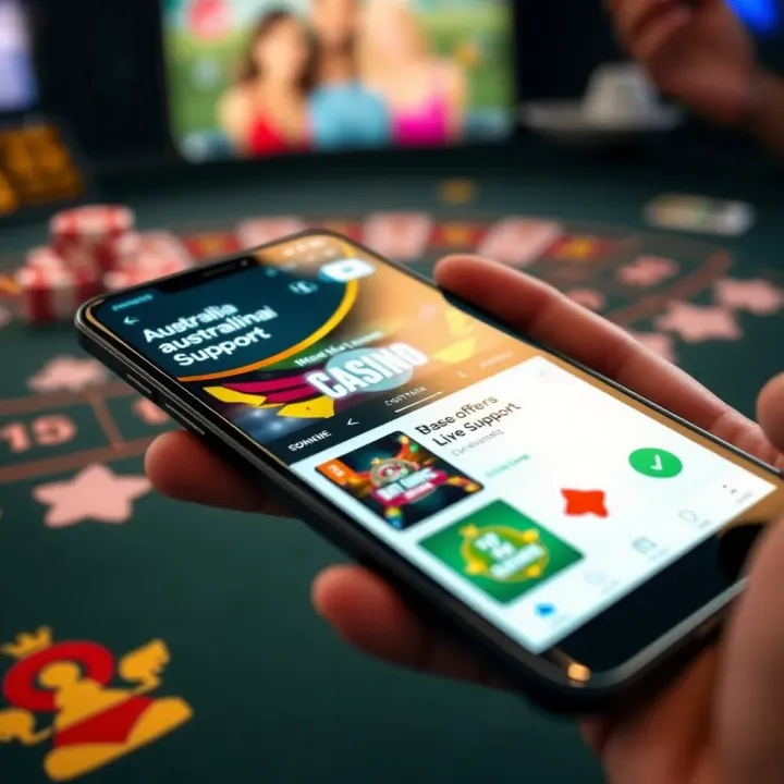 Mobile device displaying an Australian casino app with bonus offers and live support icons