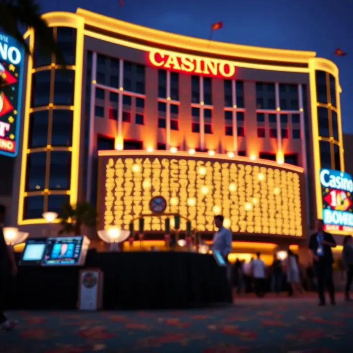 Modern casino building with glowing lights representing government regulation and legal framework