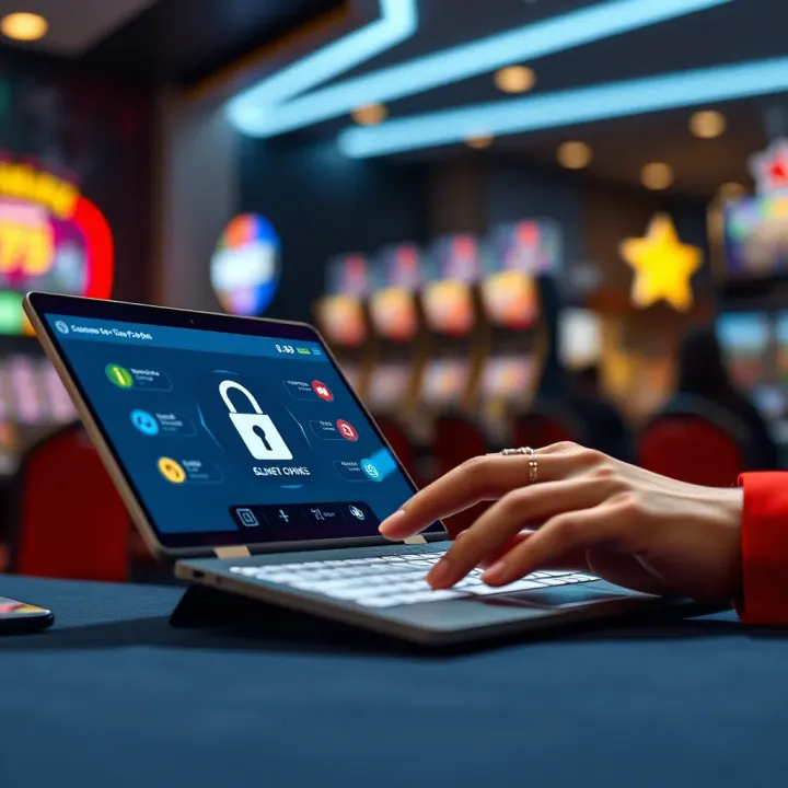 User accessing online pokies platform on a secure device with digital security icons