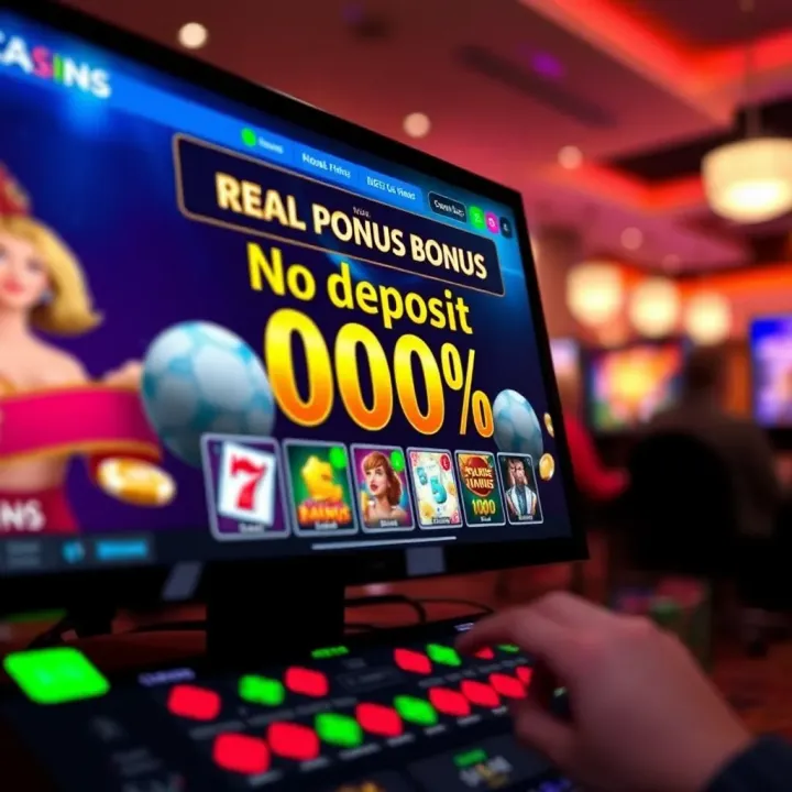 Online casino interface showing no deposit bonus offers and real money winnings on screen