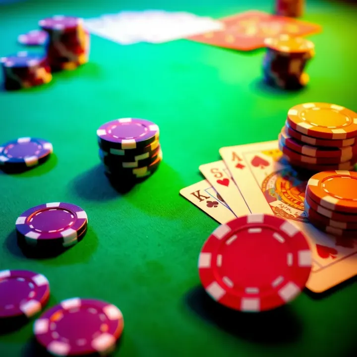 Bright casino chips and playing cards on a vibrant green felt table symbolizing online casino bonuses