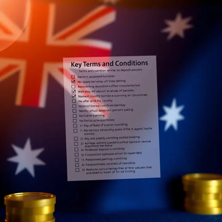 Graphic depicting terms and conditions checklist for no deposit bonuses at Ricky Casino with Australian flag background