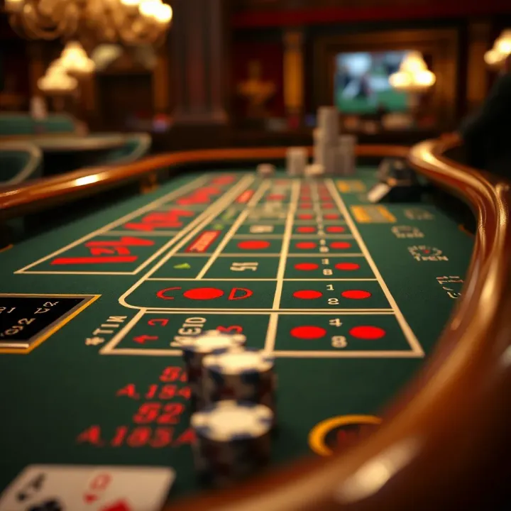 Detailed baccarat table layout with betting options and chip placements