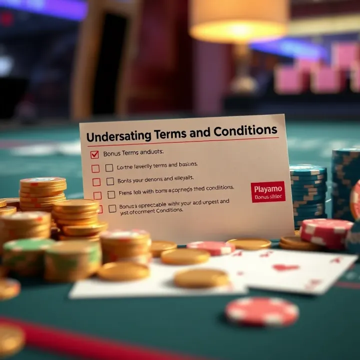 Illustration of bonus terms and conditions checklist with coins and casino chips
