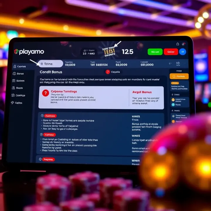 Graphic depicting a digital casino dashboard with bonus terms and conditions highlighted for clarity