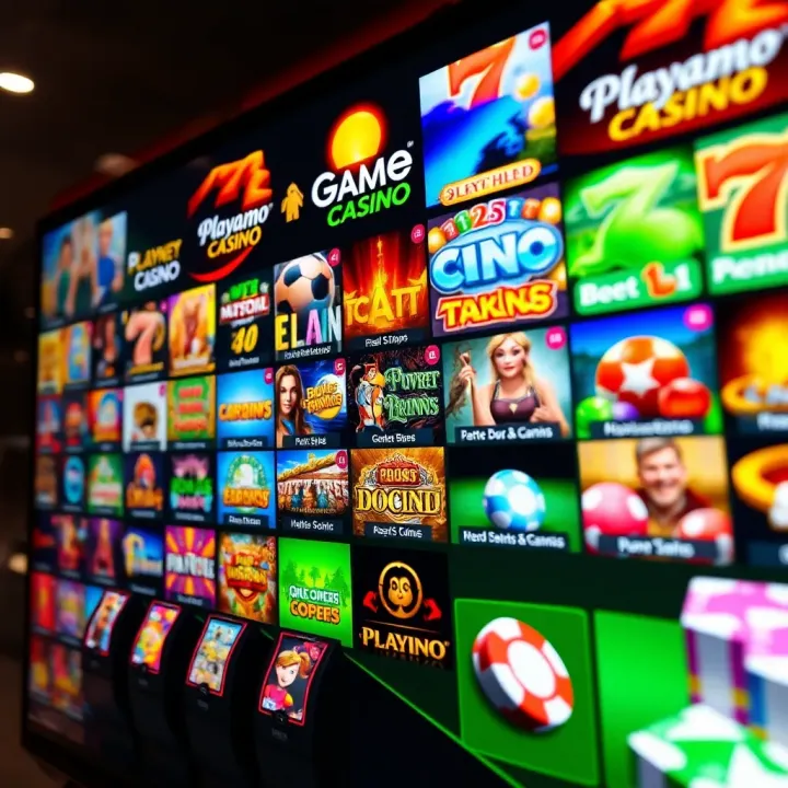 Colorful assortment of casino games including slots and table games on a digital screen