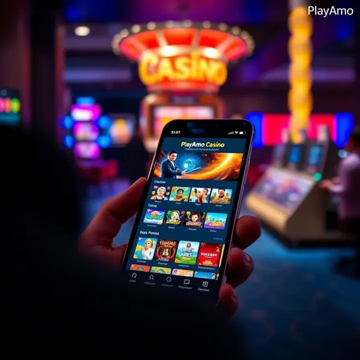 Smartphone displaying PlayAmo Casino app with gaming options accessible for Australian users