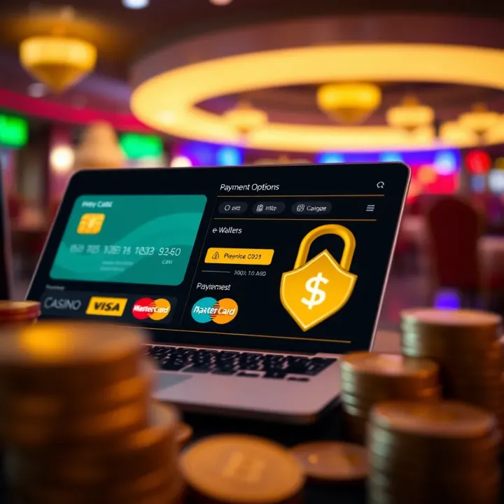 Illustration of secure online payment methods including credit cards, e-wallets, and cryptocurrencies for casino transactions