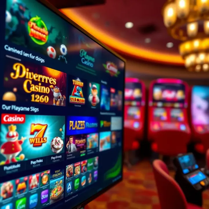 Variety of online casino games displayed on a digital screen