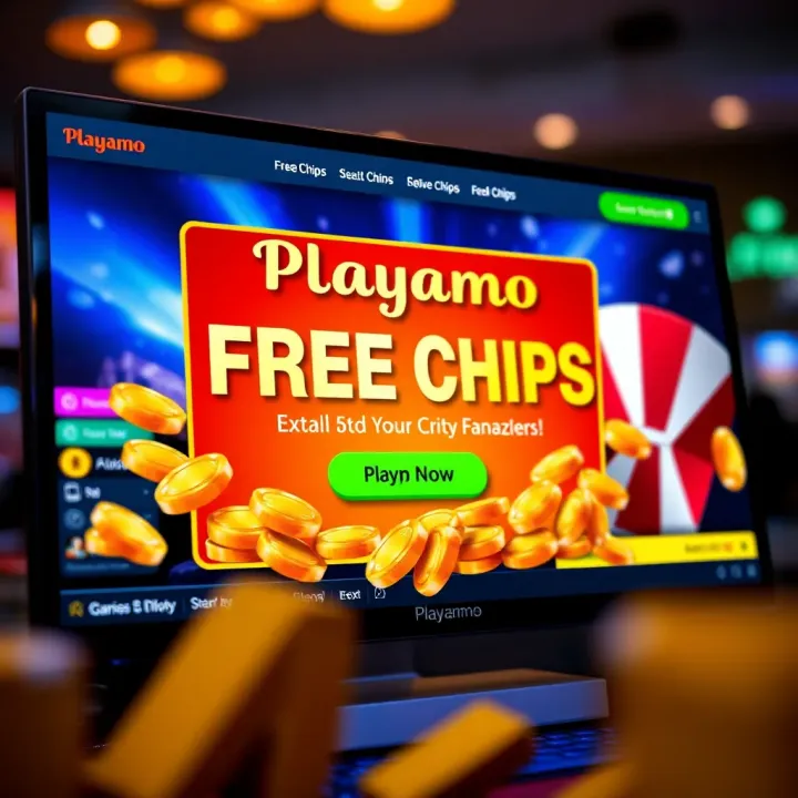Illustration of an online casino interface showing free chips offer on screen