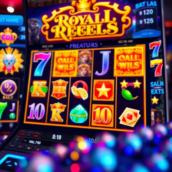 Slot machine interface showcasing Royal Reels game features with colorful reels and symbols