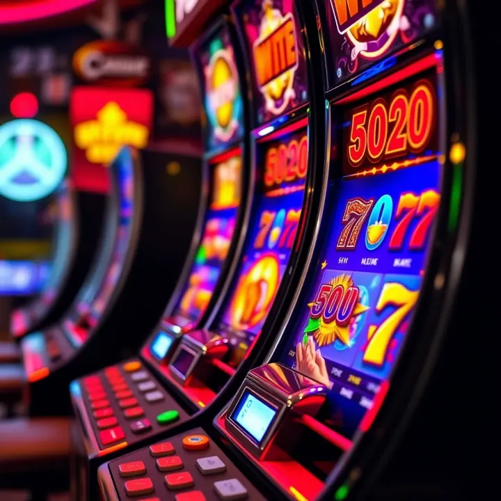 Close-up of a modern electronic slot machine with vibrant symbols on the screen
