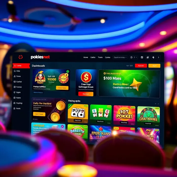 Dashboard display of Pokies Net Australia featuring various online pokies options and account management tools