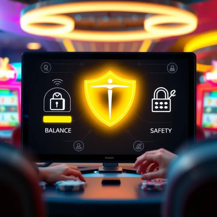 Conceptual illustration of digital responsible gaming with balance and security icons