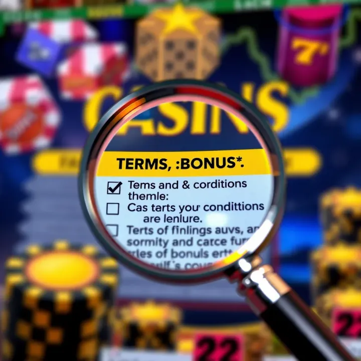 Conceptual graphic showing key terms and conditions checklist for online casino bonuses with a magnifying glass highlighting details