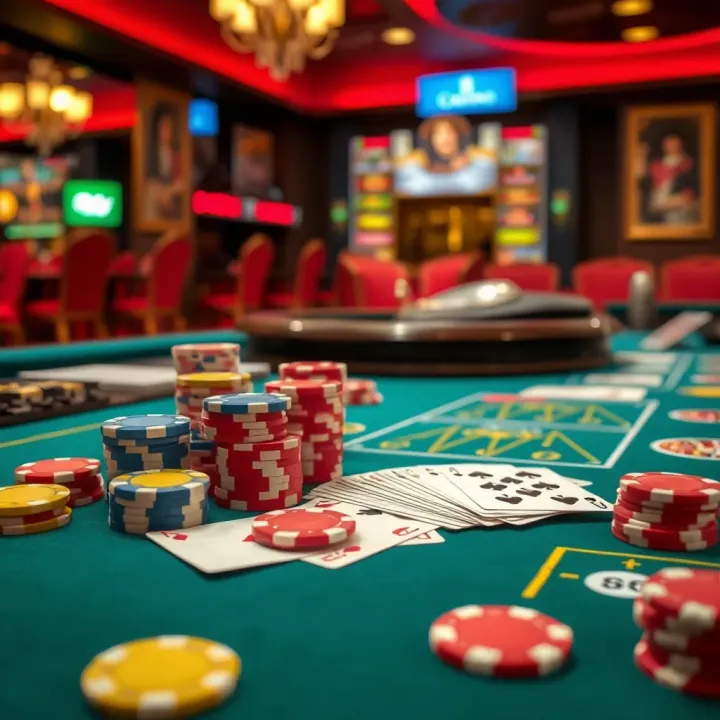 Colorful casino chips and playing cards laid out on a gaming table