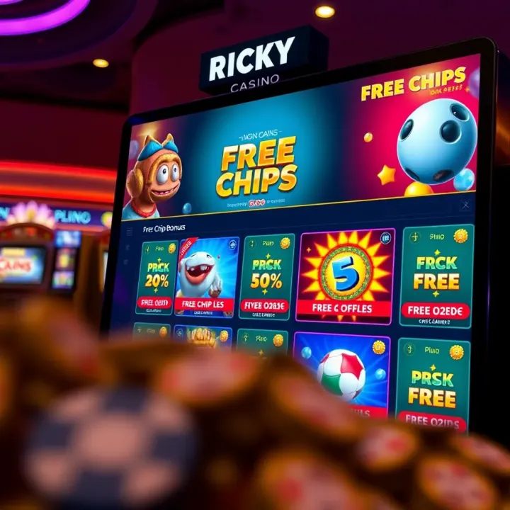 Ricky Casino online interface displaying free chip bonus offers with vibrant graphics