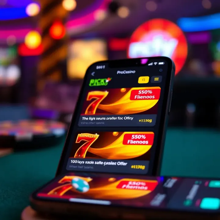 Illustration of a mobile device displaying a casino app with highlighted promotional deals