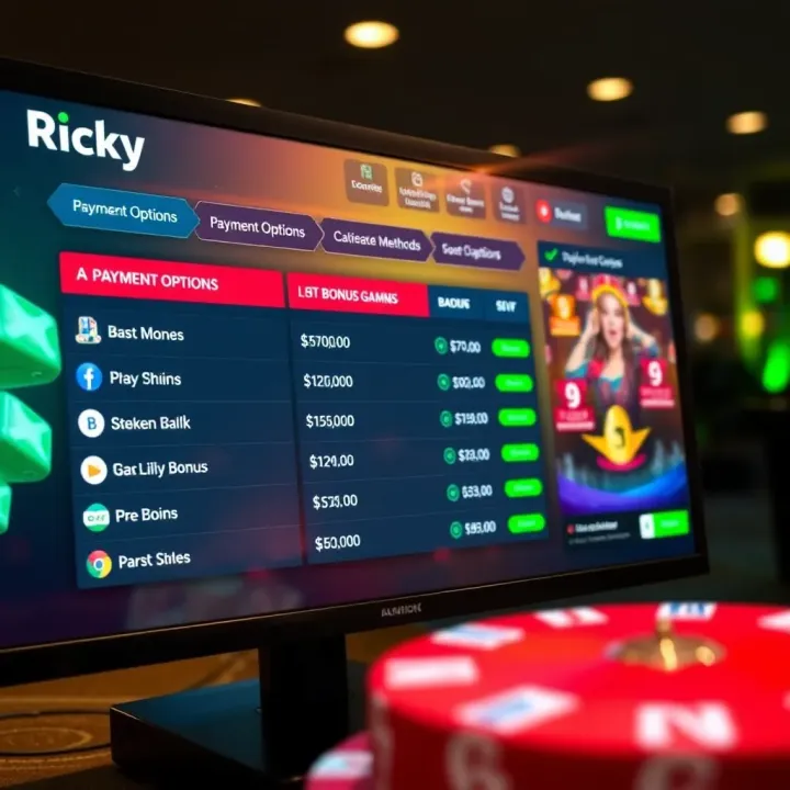 User interface of Ricky Casino showing available payment options and bonus offers on a digital screen