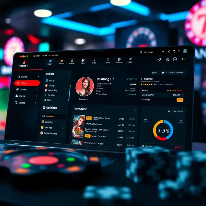 Dashboard showing account settings and gaming options on Rocket Casino platform