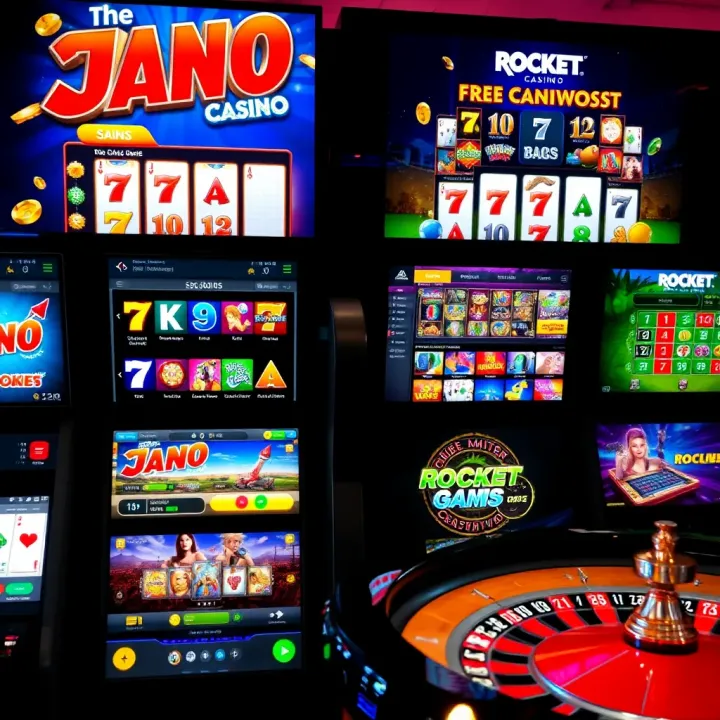 Various types of casino games displayed on digital screens showcasing slots, card games, and roulette