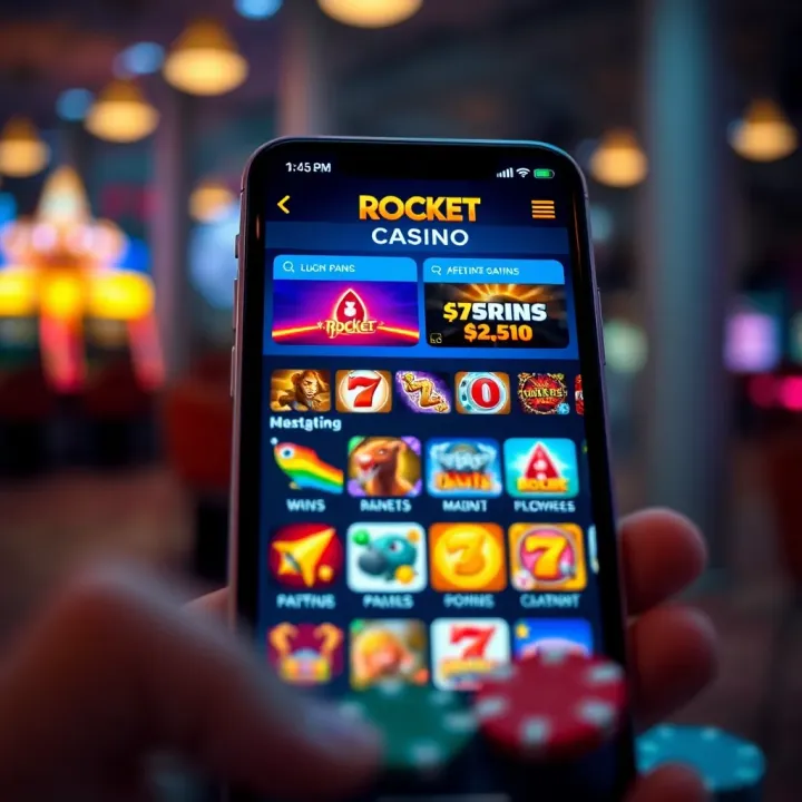 Smartphone displaying Rocket Casino mobile interface with vibrant game icons and smooth navigation