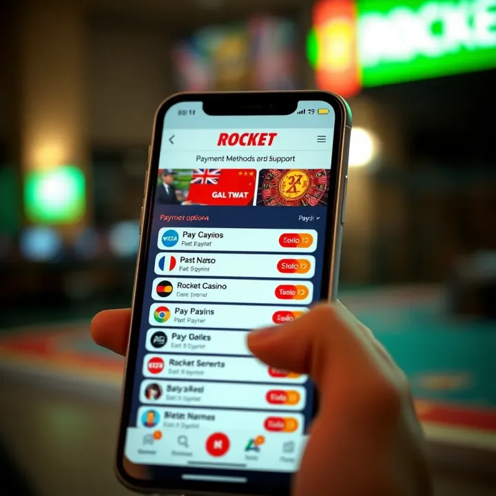 Mobile screen showing multiple payment options and customer support chat for Rocket Casino Australia