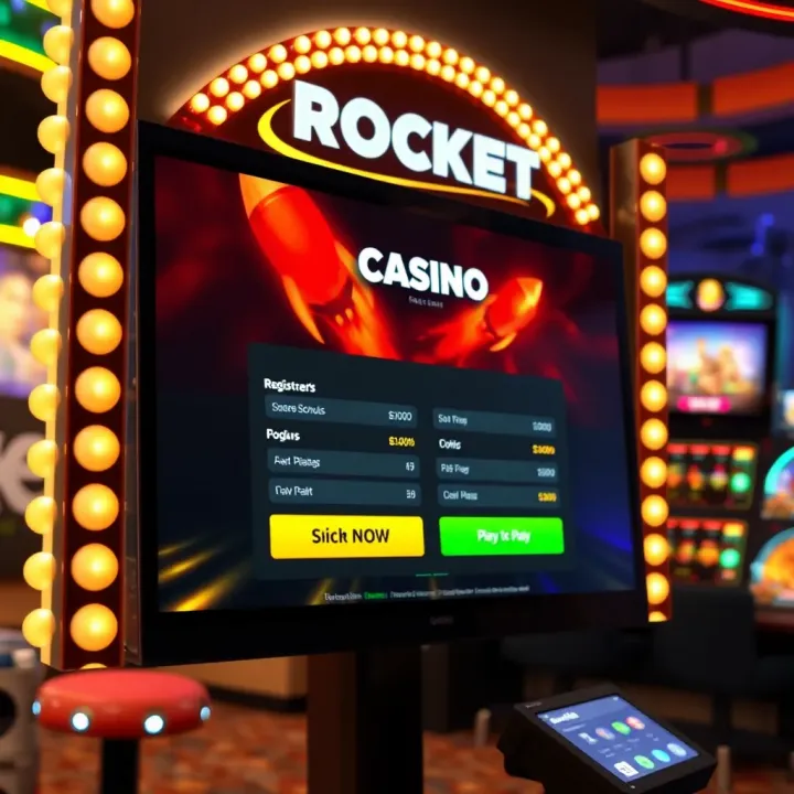 Interface showing Rocket Casino registration form with bonus offers and Australian payment methods